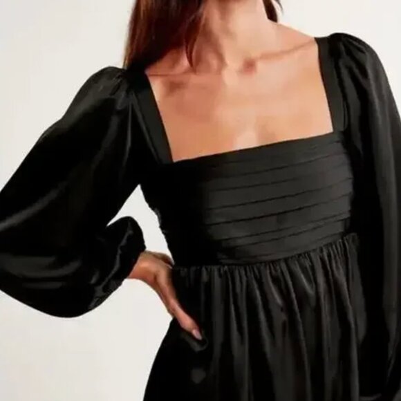 Abercrombie & Fitch Emerson Balloon Sleeve Satin Mini Black Dress Size Med NWOT - Picture 3 of 8